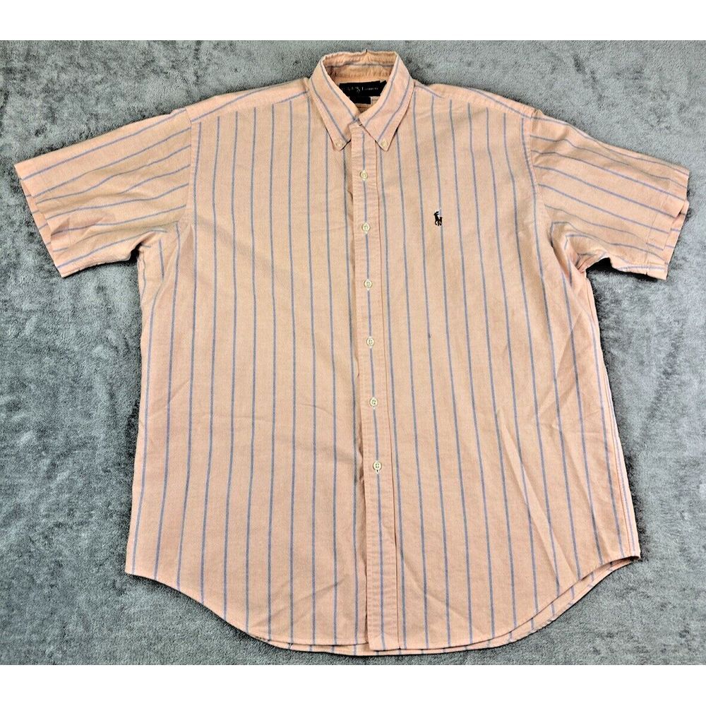 Ralph Lauren Large Blake Orange Blue Stripe Shirt Flesh Pony Short Sleeve Preppy